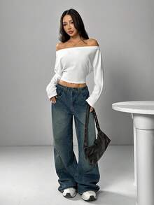 SHEIN EZwear Camiseta de manga larga de unicolor para mujer, prenda de vestir casual de estilo minimalista para uso diario - Blanco - Ver 3