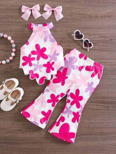 SHEIN Babygirl 2pcs Set, Fashionable Heart Knitted Halter Top And Flare Pants