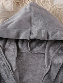 Teen Boys Plush Dinosaur Embroidery Design Hooded Robe With Belt, Long Sleeve Long Pajamas - Grey - View 3