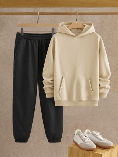 HIMLAND 2pcs/Set Men's Casual Loose Knit Drop Shoulder Hoodie Set Men Casual Sets Men Sweatsuit Set Hoodie And Sweatpants Set Men Hoodie Set Joggers Set For Man, Fall Clothes, Winter