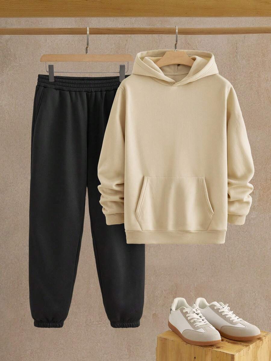 HIMLAND 2 件套男士休闲宽松针织落肩连帽衫套装男士休闲套装男士运动服套装连帽衫和运动裤套装男士连帽衫套装慢跑裤套装适合男士，秋季服装，冬季 - 彩色 - 查看 1