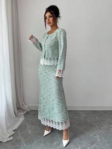 Modelyn Bộ 2 món thanh lịch dành cho nữ: Áo dài tay viền ren phong cách Pháp và chân váy midi - màu xanh lá - Xem 4