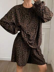 Livesso Bộ đồ mặc nhà mùa Thu/Đông mới, kiểu dáng rộng rãi, thoải mái, họa tiết da báo màu nâu dành cho nữ. - màu nâu - Xem 1