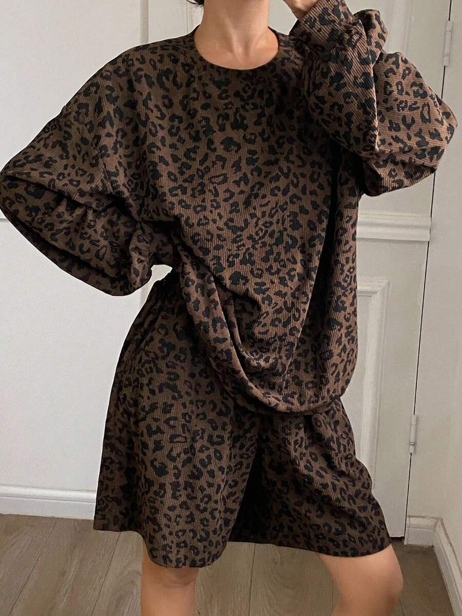 Livesso Bộ đồ mặc nhà mùa Thu/Đông mới, kiểu dáng rộng rãi, thoải mái, họa tiết da báo màu nâu dành cho nữ. - màu nâu - Xem 1