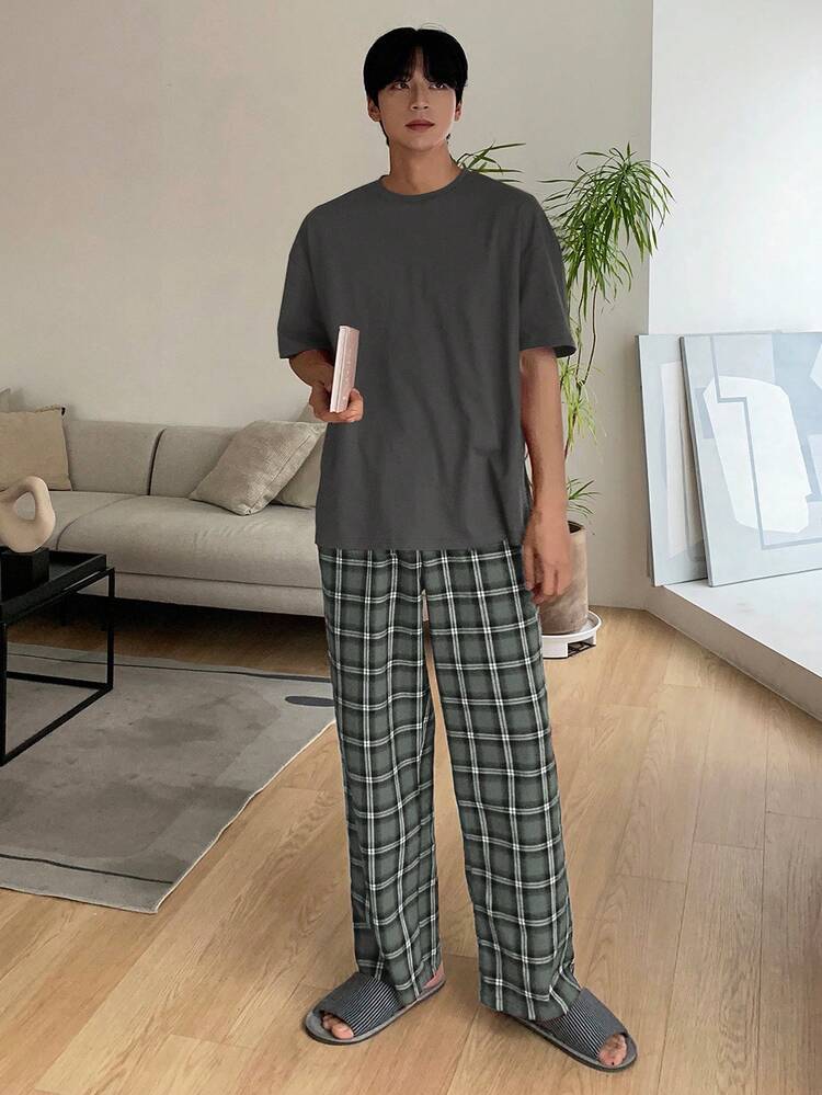 Men's Grey Plaid Pants And T-Shirt Matching Casual Home Outfit, Spring/Summer Pajama