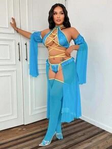 Fantasy Costume 5件大码女士露肩交叉镂空设计内衣套装 - 藍色 - 查看 4