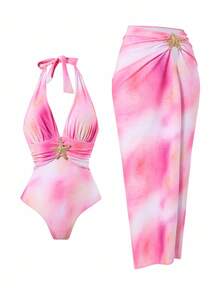 Swim Oasis 2件套女士优雅粉色扎染海星印花连体泳衣和沙滩裙套装，夏季 - 粉色 - 查看 8