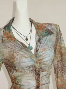 SHEIN ICON Áo thun nữ tay loe in họa tiết cây nhiệt đới phong cách miền Tây cổ điển Boho thời trang mùa thu - Nhiều màu - Xem 4