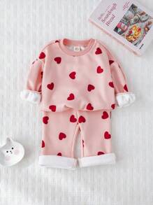 Cozy Pixies 2 件套女婴心形图案针织柔软圆领长袖运动衫和松紧腰喇叭裤套装 - 彩色 - 查看 6