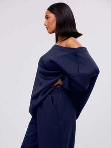 EURMUSE Loose Fit Asymmetrical Shoulder Sweatshirt Long Sleeve Tops - Navy Blue - View 2