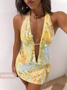 Opulessa 女士度假纯色亮片露背吊带上衣，适合秋季、冬季、万圣节装扮、仙女风、商务休闲、优雅性感派对约会之夜、婚礼宾客等场合 - 黃色 - 查看 1