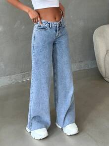 EURMUSE 100% Cotton Low Waist Raw Hem Snow Wash Wideleg Jean - Baby Blue - View 7