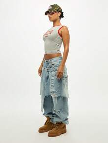 SUMWON WOMEN 女士运动夏季短款背心 学院风 美观健身号码运动衫 都市街头风 破洞嘻哈 Y2K 背心 - 灰色 - 查看 7