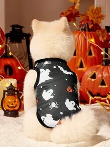 2 件宠物猫狗通用万圣节黑橙鬼卡通图案印花时尚透气舒适狗背心，PETSIN 原创设计 - 彩色 - 查看 3