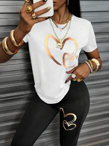 INAWLY Women's Heart Print Short Sleeve T-Shirt And Pants Set - Black and White - View 5