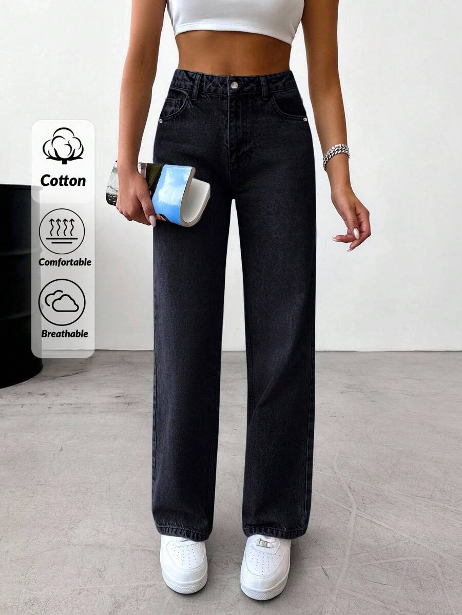 EURMUSE 100%Cotton Slant Pocket Straight Leg Jeans - Black - View 1