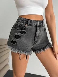 EURMUSE High Waist Frayed Hem Denim Shorts, Fashionable For Summer Women Short Outfits Short Jeans Women Summer Outfits Summer Outfits For Women Women Summer Clothing Women Plus Clothing Shorts Women S Bottoms Woman S Summer Clothes Women Short Sets - Dark Grey - View 3