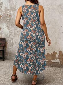 EMERY ROSE Plus Size Women Floral Print Side Slit Hem Casual Sleeveless Dress - Multicolor - View 2