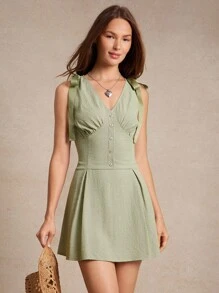 WESTFADE Plaid Checkered Woven V Neck Button Front Pleated Bow Shoulder Mini Dress Back To School Cute Fall Summer Country Concert - Yellow - View 4