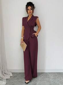 Elenzga Bộ vest nữ thanh lịch thường ngày với áo cánh không tay và quần cạp chun, phù hợp đi làm, đi nghỉ, trà chiều, tiệc tùng, xuân/hè - Màu Tím - Xem 5