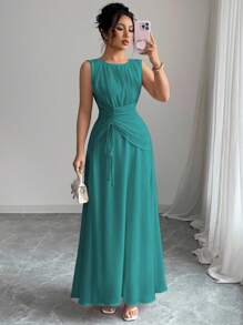 Elenzga Váy Maxi Chiffon Thanh Lịch Thường Ngày Cho Nữ, Phong Cách Cổ Điển Lãng Mạn, Phù Hợp Đi Biển, Trà Chiều, Tiệc Tùng, Đám Cưới, Đi Làm, Không Tay, Eo Rút, Lưng Xếp Ly, Có Lót, Xuân/Hè - Màu xanh ngọc - Xem 7