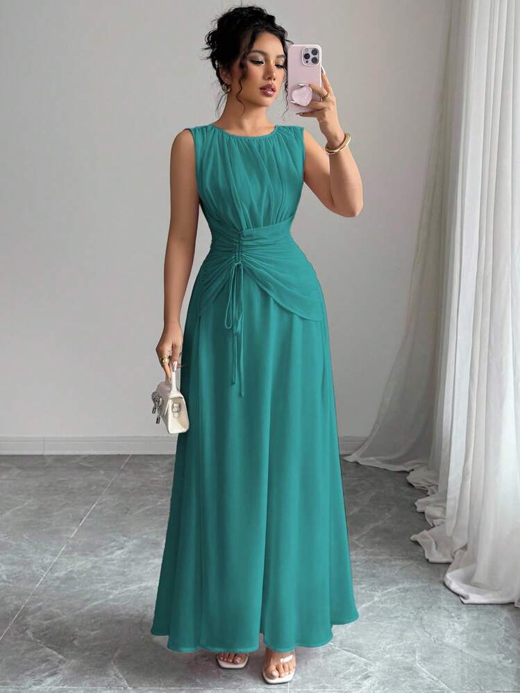 Elenzga Women's Casual Elegant Chiffon Maxi Dress, Romantic Vintage Style, Suitable For Beach, Afternoon Tea, Party, Wedding, Commuting, Sleeveless, Drawstring Waist, Pleated Back, Lined, Spring/Summer - Teal Blue - View 7