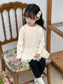 DAZY Young Girls Round Neck Ruffle Hem Loose Long Sleeve Sweater - Apricot - View 8