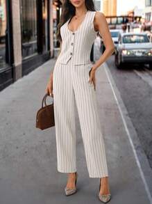 SHEIN Clasi 女装秋季新款无袖背心和西装裤两件套，适合通勤、休闲装、日常搭配 - 卡其色 - 查看 6