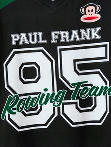 Paul Frank X SHEIN 青少年男孩运动休闲字母和数字印花 V 领短袖 T 恤，黑色和绿色