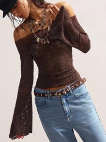 Bohemela Áo thun nữ hở vai tay loe phối ren màu trơn phong cách Boho cổ điển - Màu nâu  Mocha - Xem 6