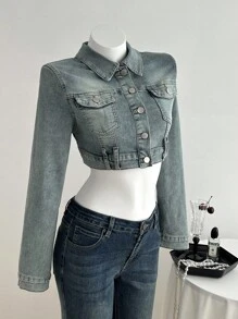 Elamini 女式长袖单排扣口袋休闲短款牛仔夹克 - 藍色 - 查看 5