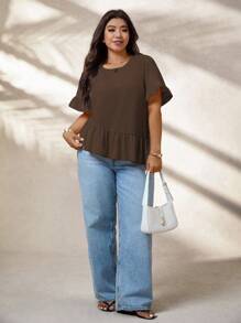 EMERY ROSE 大码女式休闲荷叶边袖不对称下摆宽松衬衫，夏季服装 - 棕色 - 查看 6