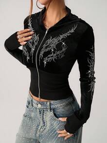 SHEIN ICON 水钻装饰天鹅绒连帽束腰夹克黑色天鹅绒短款连帽衫秋冬款 - 黑色 - 查看 1
