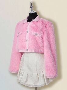 SHEIN ICON Women's Solid Color Long Sleeve Single-Breasted Faux Fur Elegant Jacket In Fall/Winter - Pink - View 10