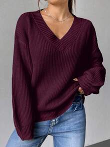 EURMUSE Maglione casual oversize da donna a maniche lunghe con scollo a V e spalle cadenti, in tinta unita - Bordò - Visualizzare 6