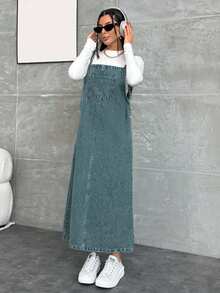 EURMUSE WOMEN LONG DENIM DRESS POCKET DETAILED - Teal Blue - View 6