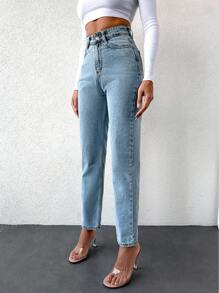 EURMUSE 100%Cotton High Waist Slant Pocket Casual Mom Fit Jeans - Blue - View 3