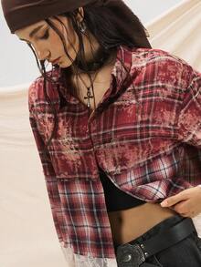 Easelle Damen Karohemd mit Kontrast-Spitze, Langarm, Knopfleiste, Lässig - Mokka-Braun - Übersicht 9