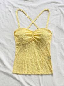 Soleia 女士花卉提花褶皱吊带背心黄色上衣 - 黃色 - 查看 3