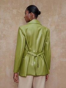 SHEIN Privé VITNOS 新款秋冬高端女士休闲日常通勤女士纯色 PU 皮革翻领长袖时尚西装外套绿色西装外套女士女士仿皮西装外套绿色仿皮西装外套女士西装外套配腰带女士西装外套 - 薄荷綠 - 查看 3