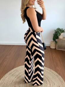 INAWLY Elegant Fitted Round Neck Tank Top And Straight Leg Pants Plus Size Women's Jumpsuit