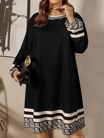 Zelara Fall Dress Plus Size Casual & Commute Color Block Striped Geometric Print Dress Plus Size Long-Sleeved Round-Neck Dress With Geometric Print On The Cuffs Halloween Dress,Halloween Costumes Women,Fall Clothes For Women,Winter Dresses,Work Dresses For Women,Office Outfits For Women,Dresses For Wedding Event,Mini Dress,Commute Minimalist Office Old Money Mini Dress,Suitable For Daily Wear, Holiday Elegant Outfits,Office Siren Style Outfits,A-Line Dress,V Striped Dress Black Dress Old Money Style Dress