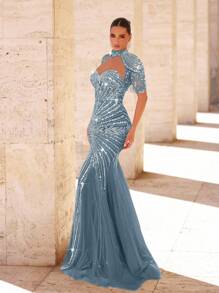 Glamrae 优雅奢华串珠亮片网眼美人鱼连衣裙，流苏袖设计，适合婚礼、派对、度假、庆典、晚会正式穿着（重度装饰）