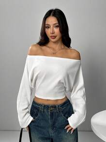 SHEIN EZwear Camiseta de manga larga de unicolor para mujer, prenda de vestir casual de estilo minimalista para uso diario - Blanco - Ver 5