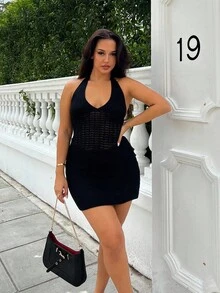 NegzBox 假日露背無袖針織裙，緊身剪裁，領帶設計 - 黑色 - 查看 3