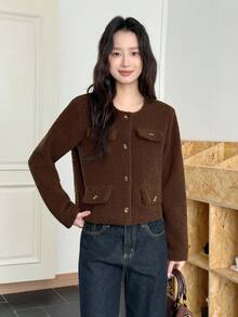 Teen Girls Casual Plush Short Jacket, Versatile For Autumn/Winter Fall - Brown - View 1
