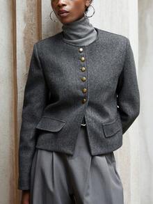 Aveloria Modichic Veste courte réversible en laine mélangée à col rond, manteau en laine de haute qualité