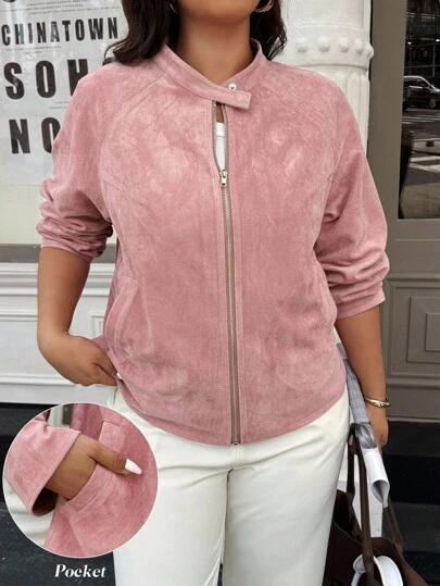 Calvaya Plus Size Women's Solid Color Raglan Sleeve Zip-Up Casual Jacket Fall Winter Cloth For Women Autumn
