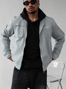 Manfinity Homme Men's Casual Loose Fit Vintage American Style Stand Collar Jacket,Light Grey Bomber Jackets,Autumn Streetwear,City Break Zip Up Cropped Couple Jacket - Grey - View 1