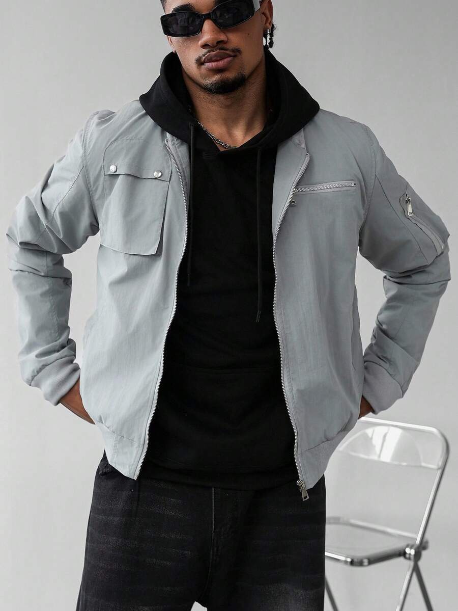 Manfinity Homme Men's Casual Loose Fit Vintage American Style Stand Collar Jacket,Light Grey Bomber Jackets,Autumn Streetwear,City Break Zip Up Cropped Couple Jacket - Grey - View 1
